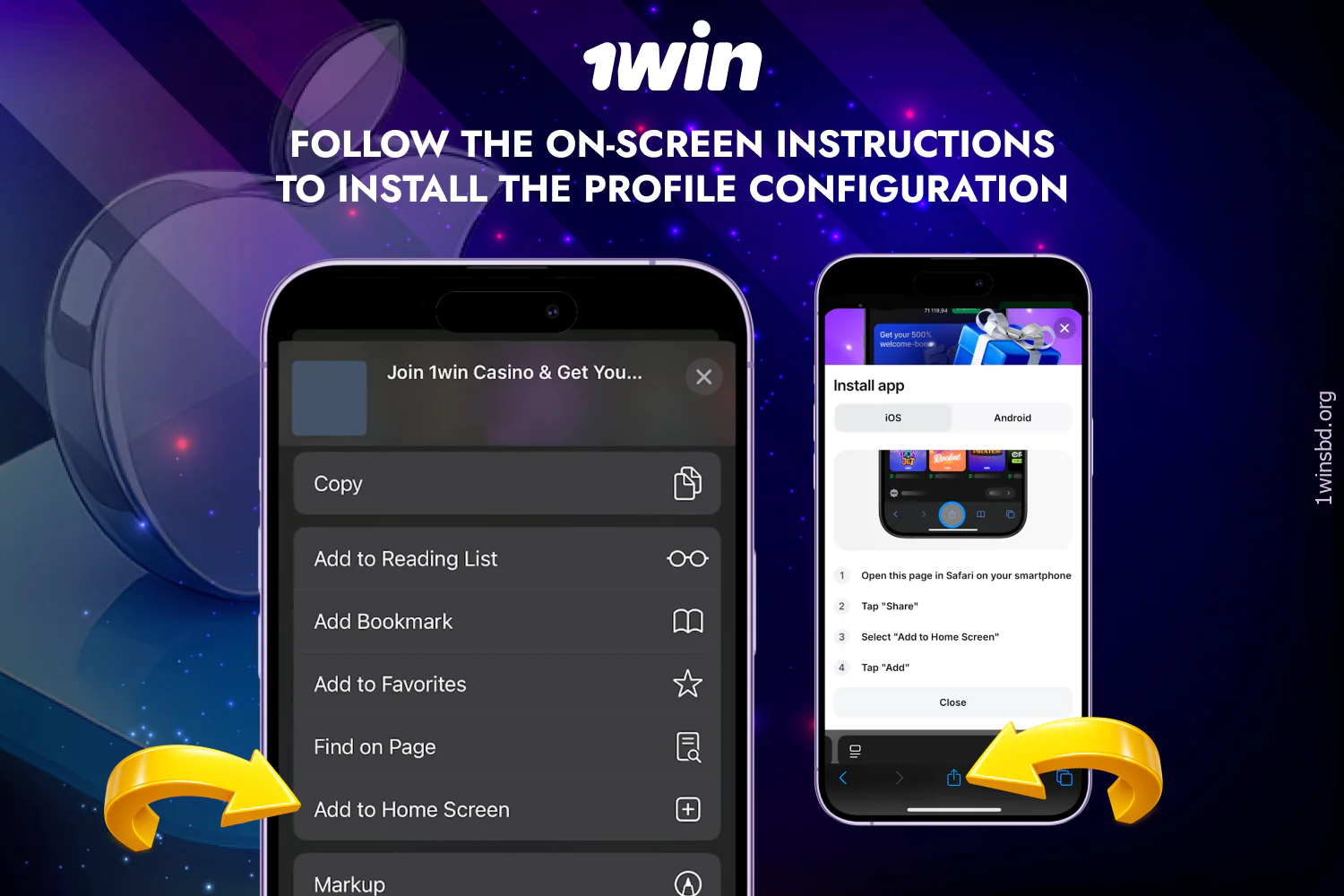 Follow the on-screen instructions to install the 1win app on iOS