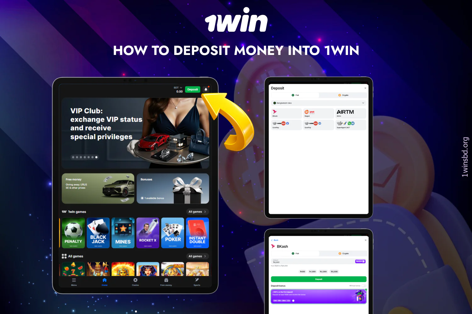 To make a deposit at 1win, users from Bangladesh should follow a few steps