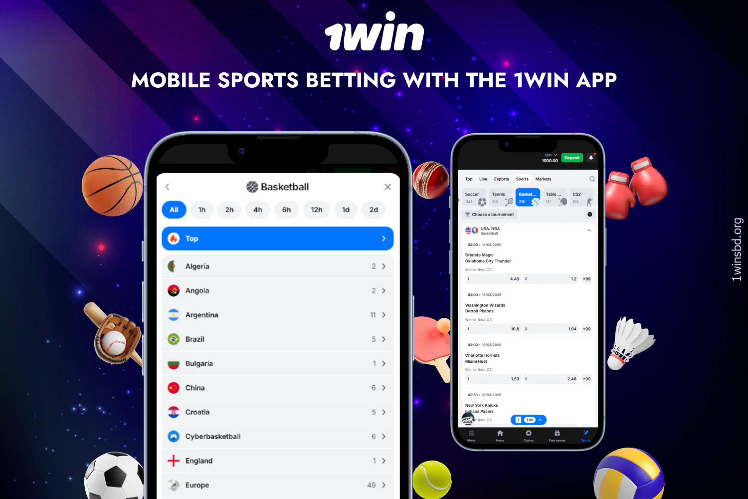 1win offers many sports betting options in the app for users from Bangladesh